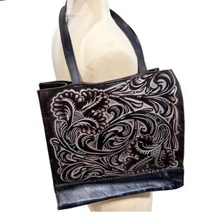 Patricia Nash Hand Tooled Toscano Italian Leather Tote Bag Floral Navy Blue